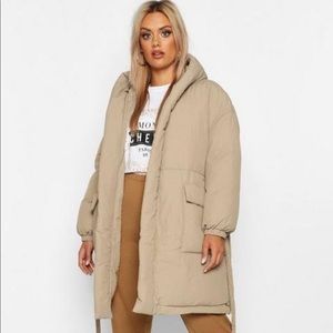 BOO HOO Plus shawl collar belted mid length puffer coat